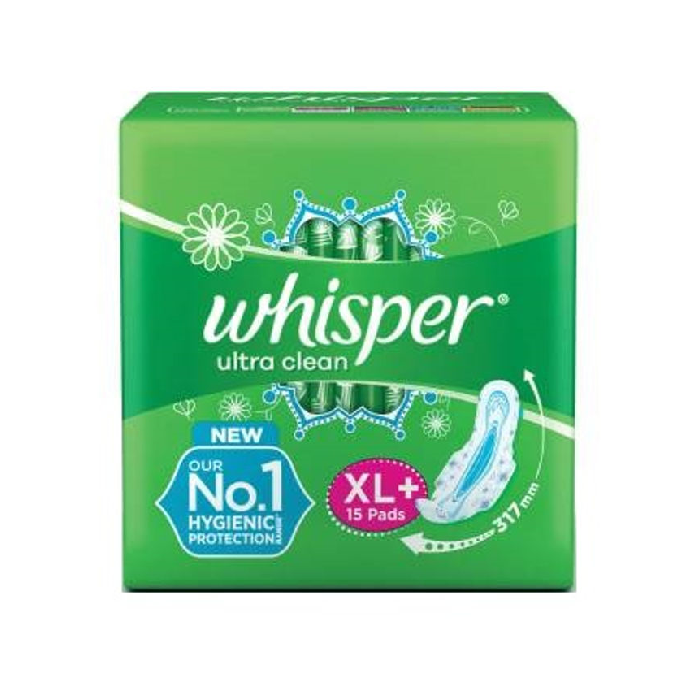 Whisper Ultra Clean Sanitary Pads for Women, XL+ 15 Napkins