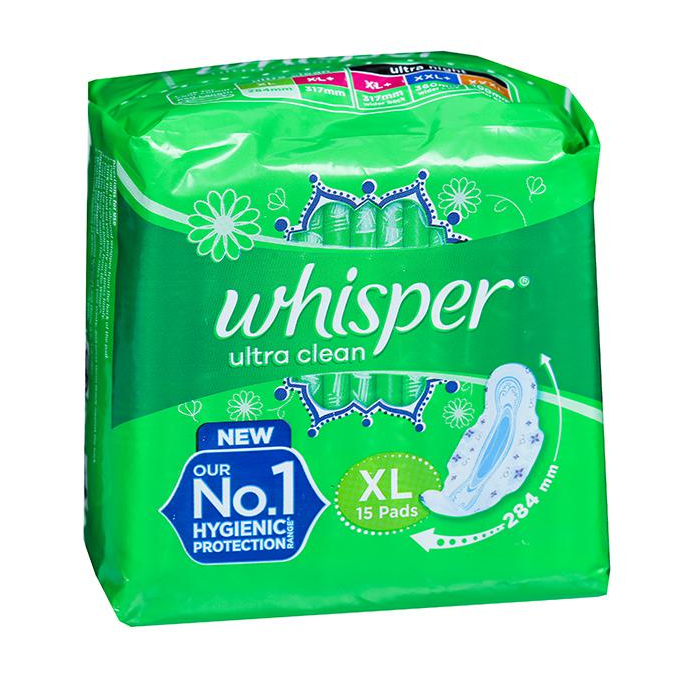 Whisper Ultra Clean Sanitary Pads for Women, XL 15 Napkins